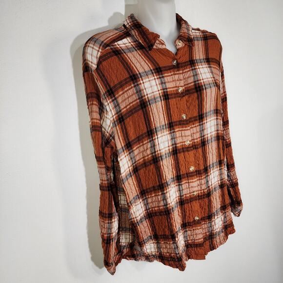 Jane and Delancey Women Shirt Plaid Button Long Tab Sleeve Orange Crinkle Medium - Picture 11 of 12